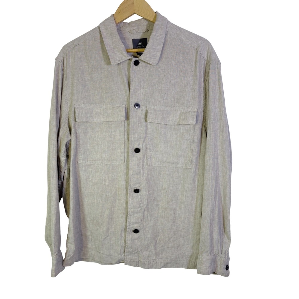 H&M Button Down Linen Blend Shirt Mens XL Beige Long Sleeve Utility Overshirt